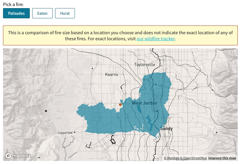 Map showing a shaded area southwest of Salt Lake City labeled West Jordan. A note explains this is a fire size comparison and not an exact location. Nearby towns include Sandy, Taylorsville, and Kearns. There are options for selecting Palisades, Eaton, and Hurst.